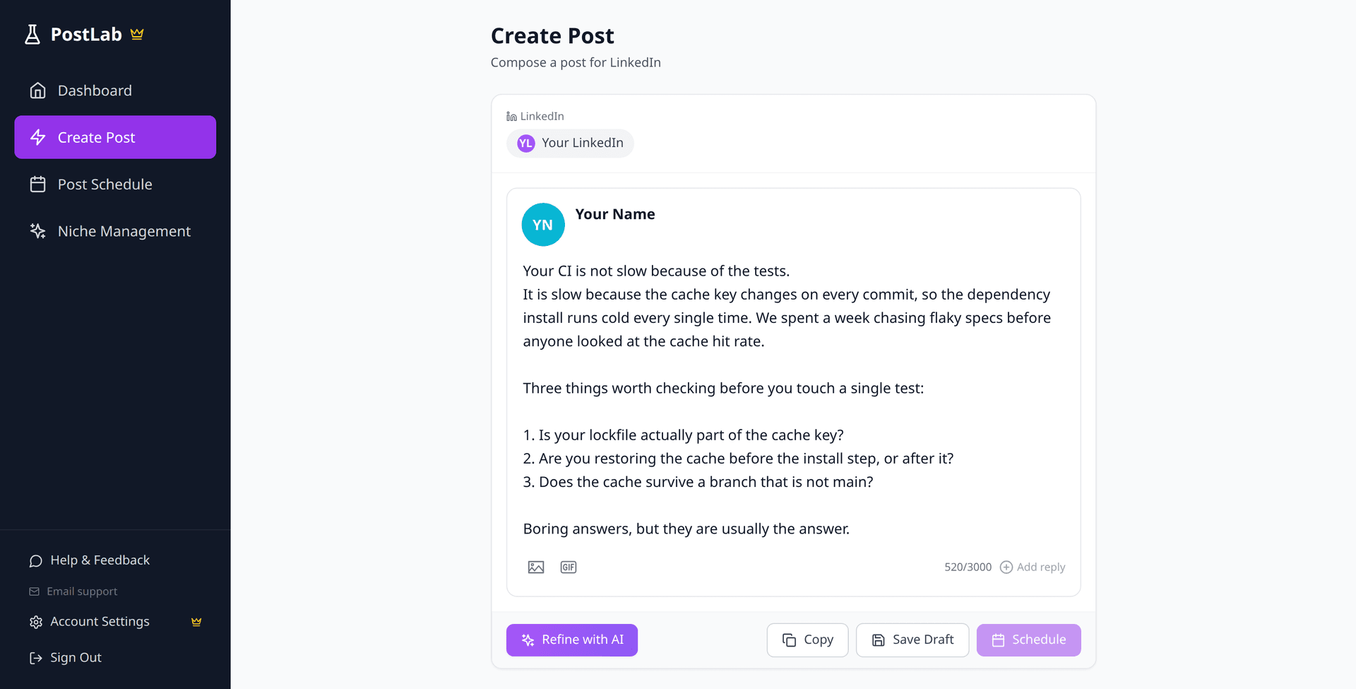 PostLab post generation interface with live preview